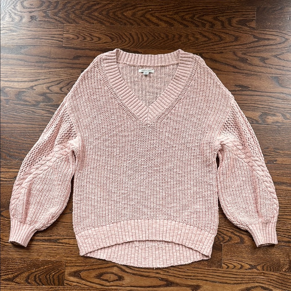 American Eagle Outfitters Cozy Pink V-Neck Sweater with Ribbed Knit
